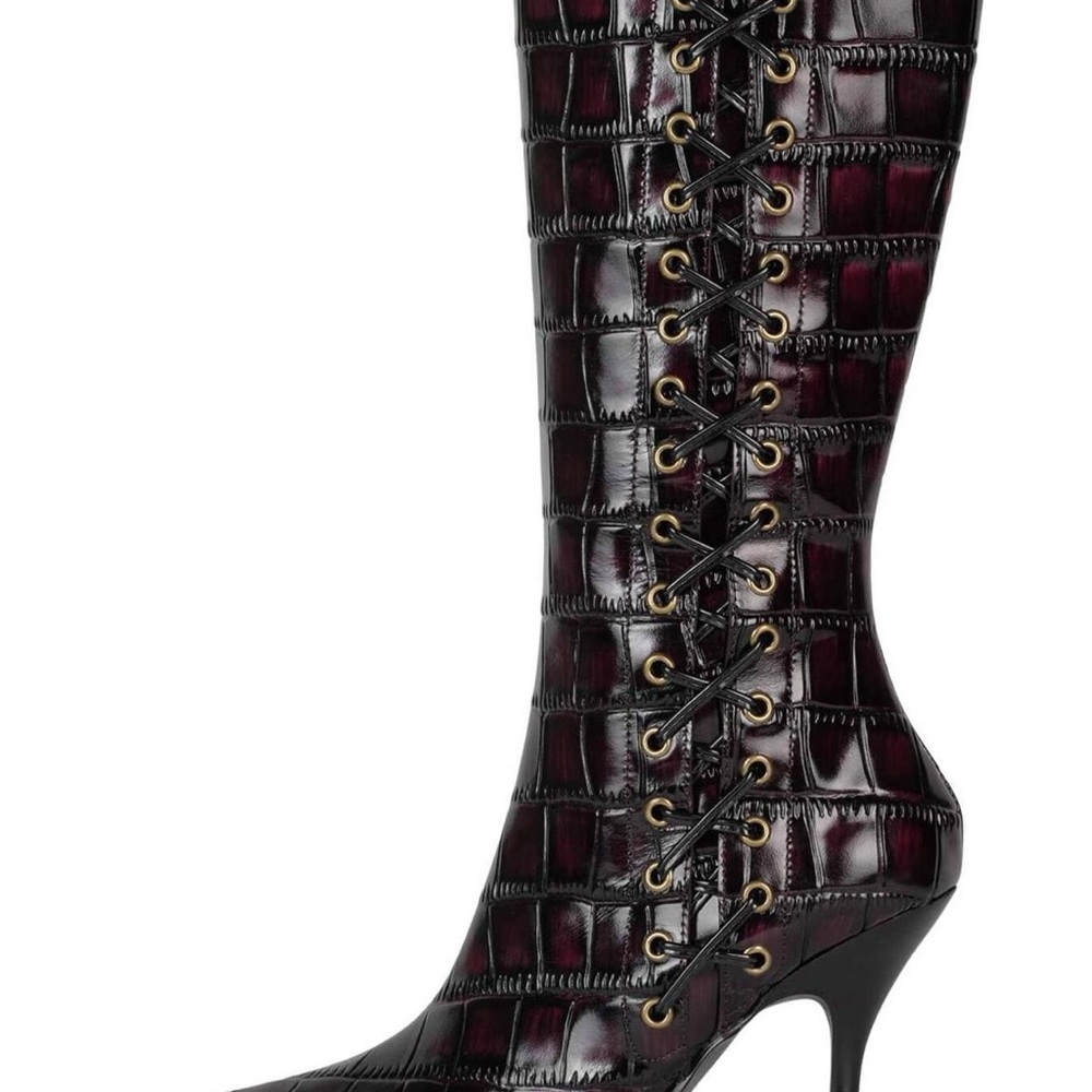 Jeffrey Campbell Black and Burgundy Lace-Up Croc Boots